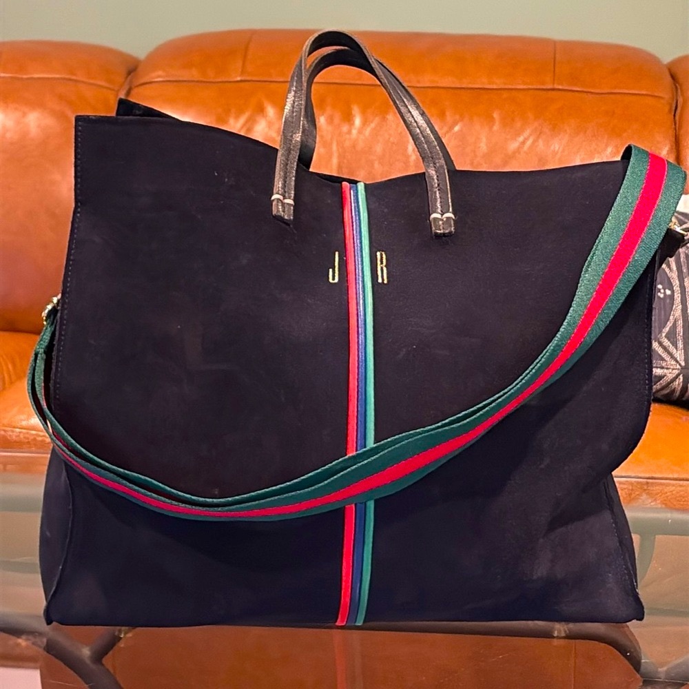 Clare V Navy Suede Simple Tote with Piping